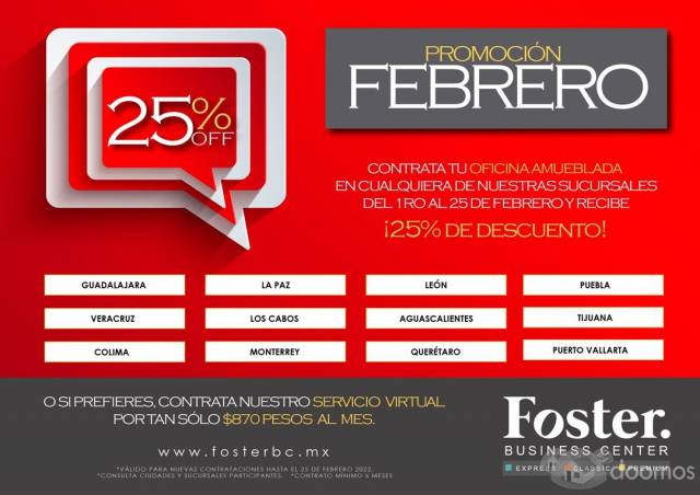 COMENZAMOS NUEVO MES, CON EL 25%  DE DESCUENTO AL RENTAR TU OFICINA PROMOCIÓN FEBERERO