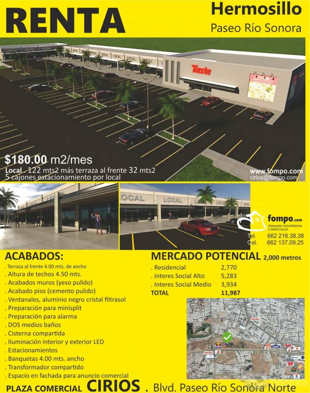 HERMOSILLO . RENTA . Local . Plaza Comercial Cirios . Frente CRIT Sonora Blvd. Paseo Río Sonora Norte esquina Blvd. Real del Arco